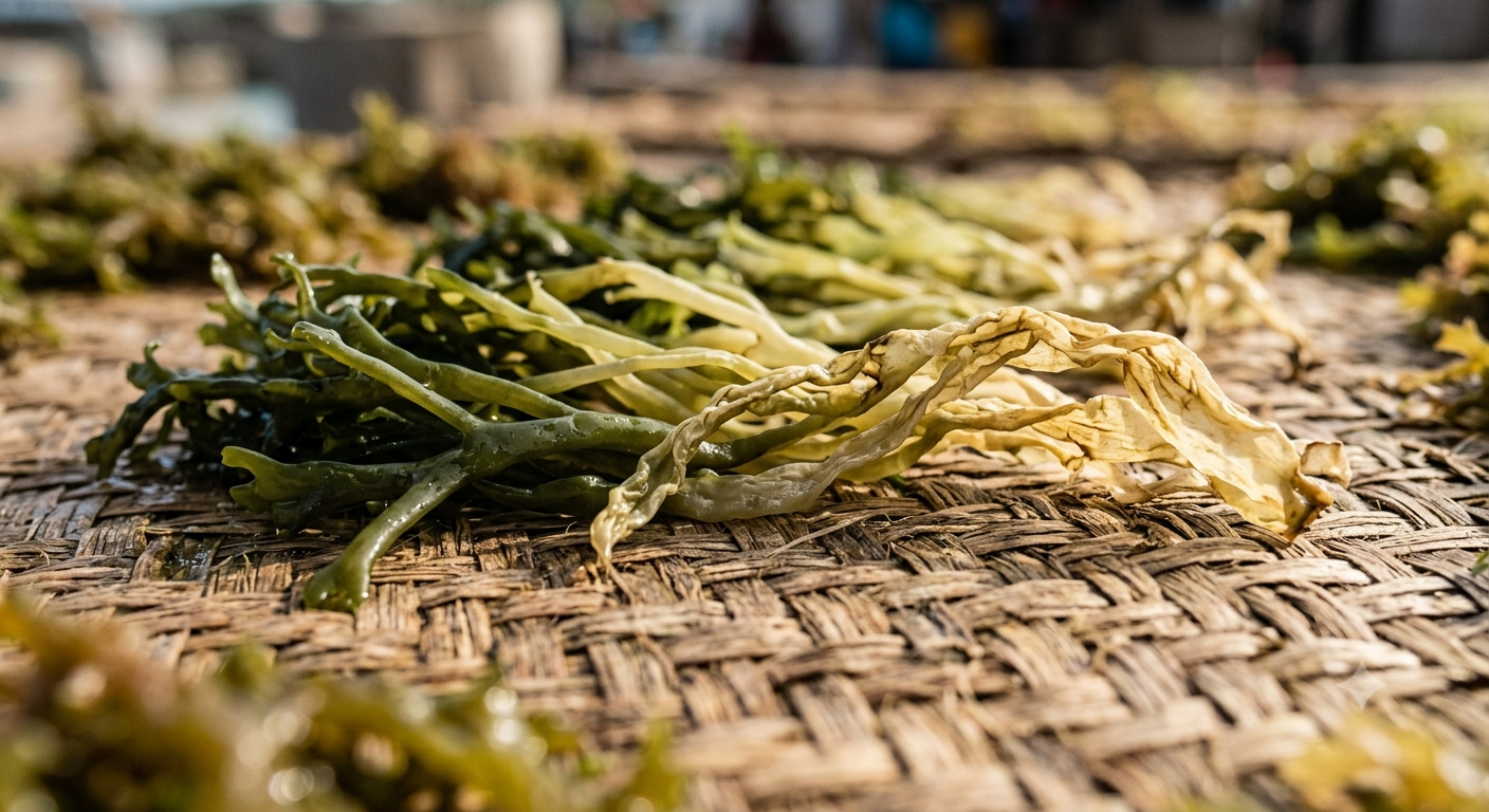 Close-up of seaweed strands at different stages of drying on a woven mat