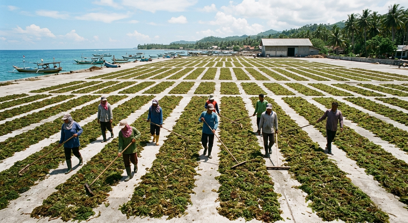 Wide view of the concrete drying yard with rows of seaweed and workers raking, ocean in the background