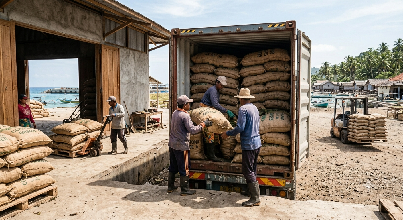 Workers and a forklift loading graded sacks of seaweed into a shipping container