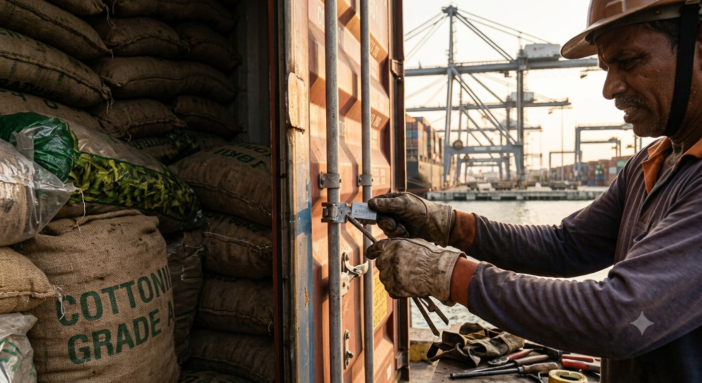 A dockworker sealing a shipping container with cranes and the port visible behind him