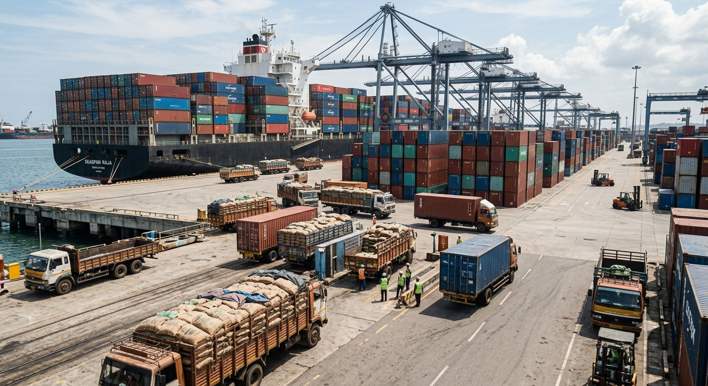 Wide view of the port container yard with a cargo ship, cranes, and trucks moving sacks