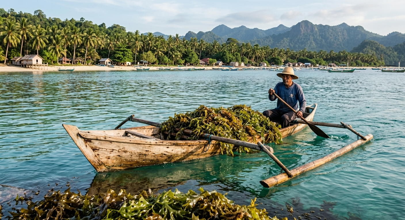 A farmer paddling a boat loaded with freshly harvested seaweed back to shore