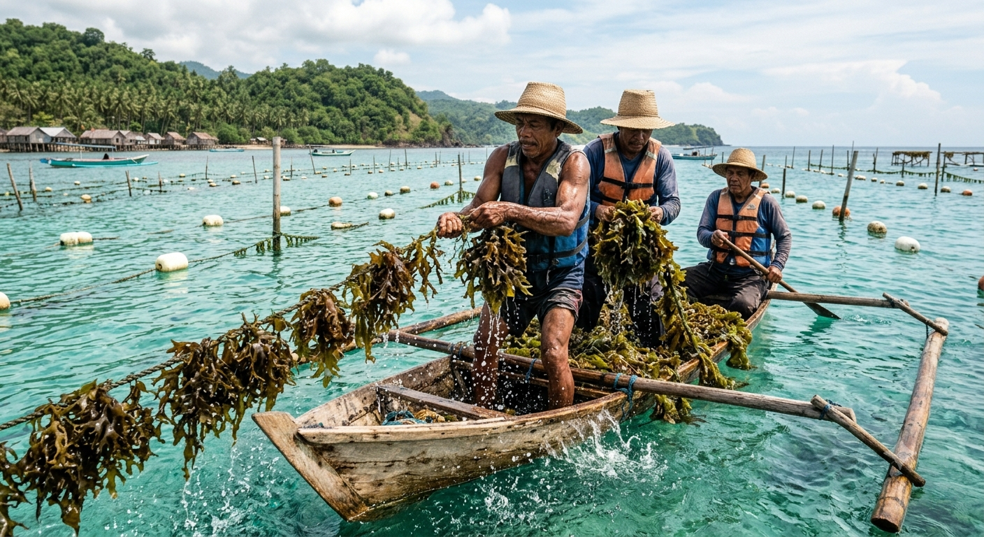 Three farmers pulling seaweed from the rope line into their boat