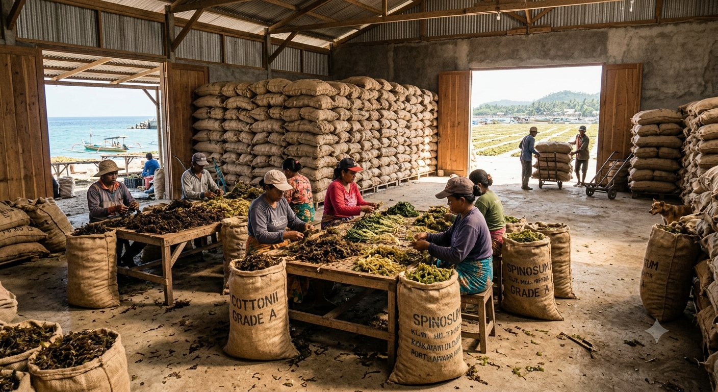 Warehouse workers sorting and grading seaweed by hand at long tables
